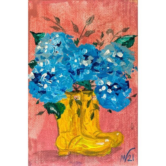 Handmade Other - Rain Boot Painting Hydrangea Original Art Canvas Floral Artwork